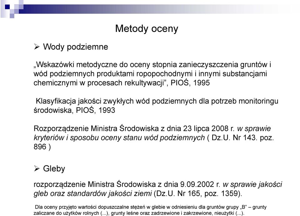 w sprawie kryteriów i sposobu oceny stanu wód podziemnych ( Dz.U. Nr 143. poz. 896 ) Gleby rozporządzenie Ministra Środowiska z dnia 9.09.2002 r.