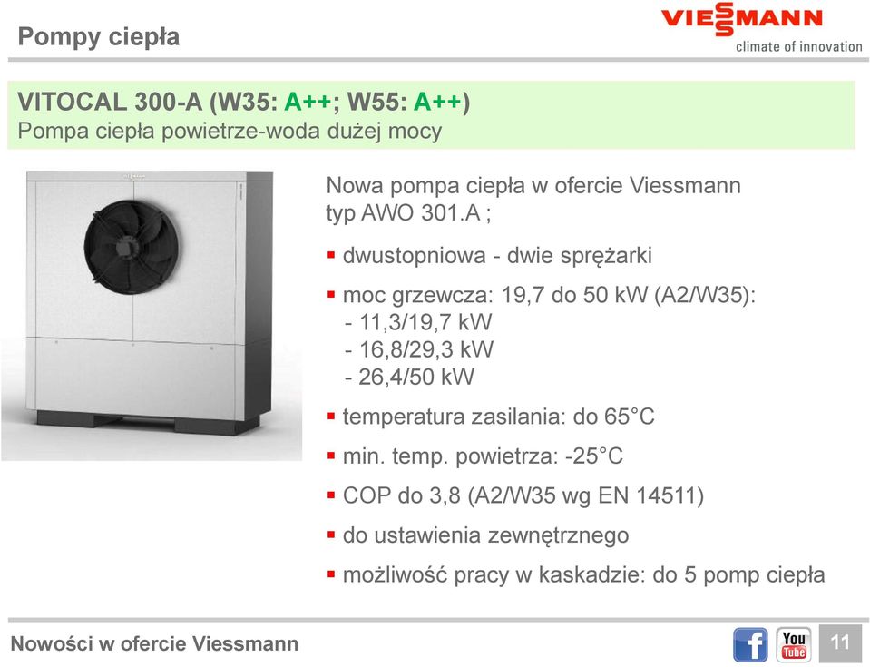 A ; dwustopniowa - dwie sprężarki moc grzewcza: 19,7 do 50 kw (A2/W35): - 11,3/19,7 kw - 16,8/29,3 kw - 26,4/50