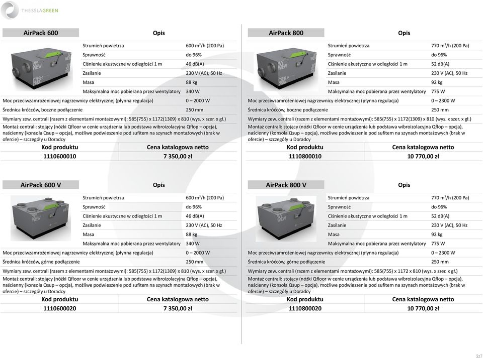 ) 1110800010 10 770,00 zł AirPack 600 V AirPack 800 V 600 m 3 /h (200 Pa) 46 db(a) 88 kg 0 2000 W Wymiary zew. centrali (razem z elementami montażowymi): 585(755) x 1172(1309) x 810 (wys.