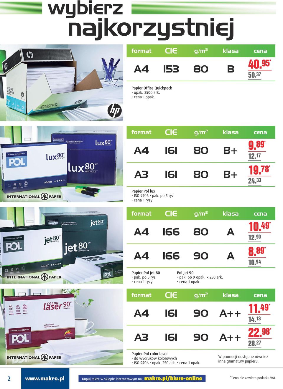 po 5 ryz cena 1 ryzy Pol Jet 90 pak. po 9 opak. x 250 ark. format CIE g/m 2 klasa cena A4 161 90 A++ A3 161 90 A++ 1 49* 1 13 2 98* 28.