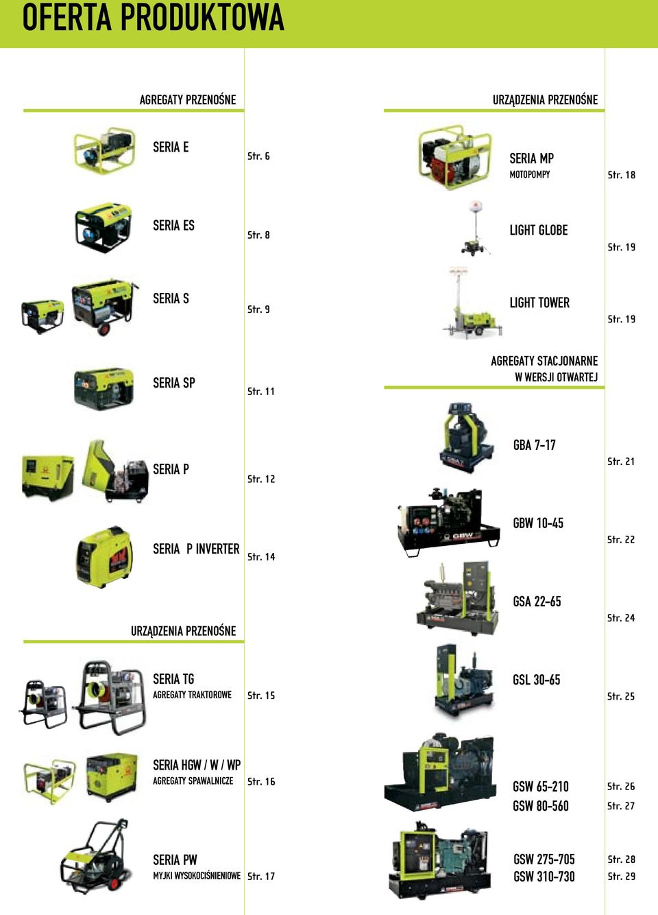 21 SERIA P INVERTER Str. 14 GBW 1045 Str. 22 URZĄDZENIA PRZENOŚNE GSA 2265 Str. 24 SERIA TG AGREGATY TRAKTOROWE Str. 15 GSL 3065 Str.