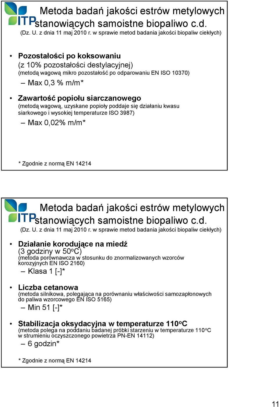 0,3 % m/m* Zawartość popiołu siarczanowego (metodą wagową, uzyskane popioły poddaje się działaniu kwasu siarkowego i wysokiej temperaturze ISO 3987) Max 0,02% m/m* * Zgodnie z normą EN 14214  badań