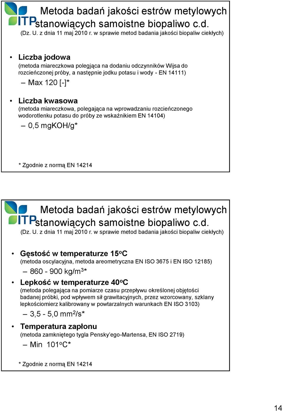 - EN 14111) Max 120 [-]* Liczba kwasowa (metoda miareczkowa, polegająca na wprowadzaniu rozcieńczonego wodorotlenku potasu do próby ze wskaźnikiem EN 14104) 0,5 mgkoh/g* * Zgodnie z normą EN 14214 