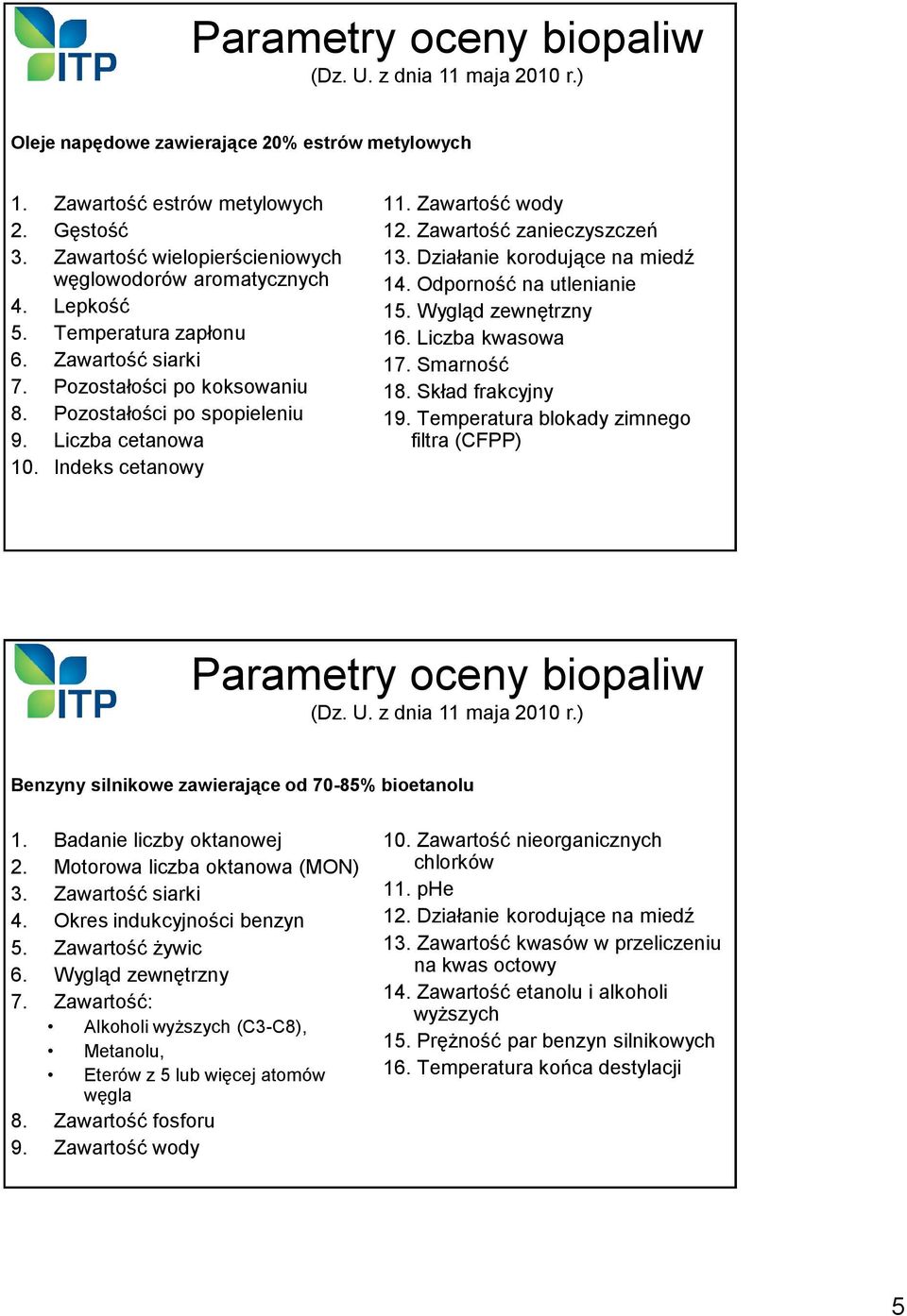 Indeks cetanowy 11. Zawartość wody 12. Zawartość zanieczyszczeń 13. Działanie korodujące na miedź 14. Odporność na utlenianie 15. Wygląd zewnętrzny 16. Liczba kwasowa 17. Smarność 18.