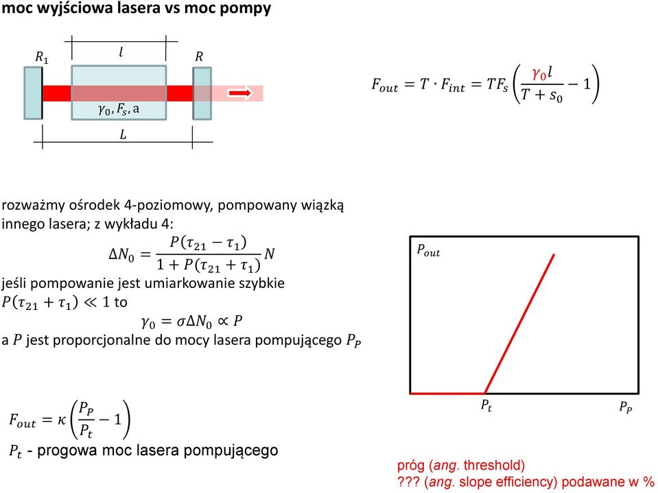 jest umiarkowanie szybkie P τ 21 + τ 1 1 to γ 0 = σδn 0 P a P jest proporcjonalne do mocy lasera pompującego P P P