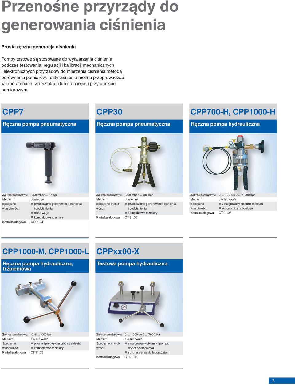 CPP7 Ręczna pompa pneumatyczna CPP30 Ręczna pompa pneumatyczna CPP700-H, CPP1000-H Ręczna pompa hydrauliczna Zakres pomiarowy: -850 mbar.