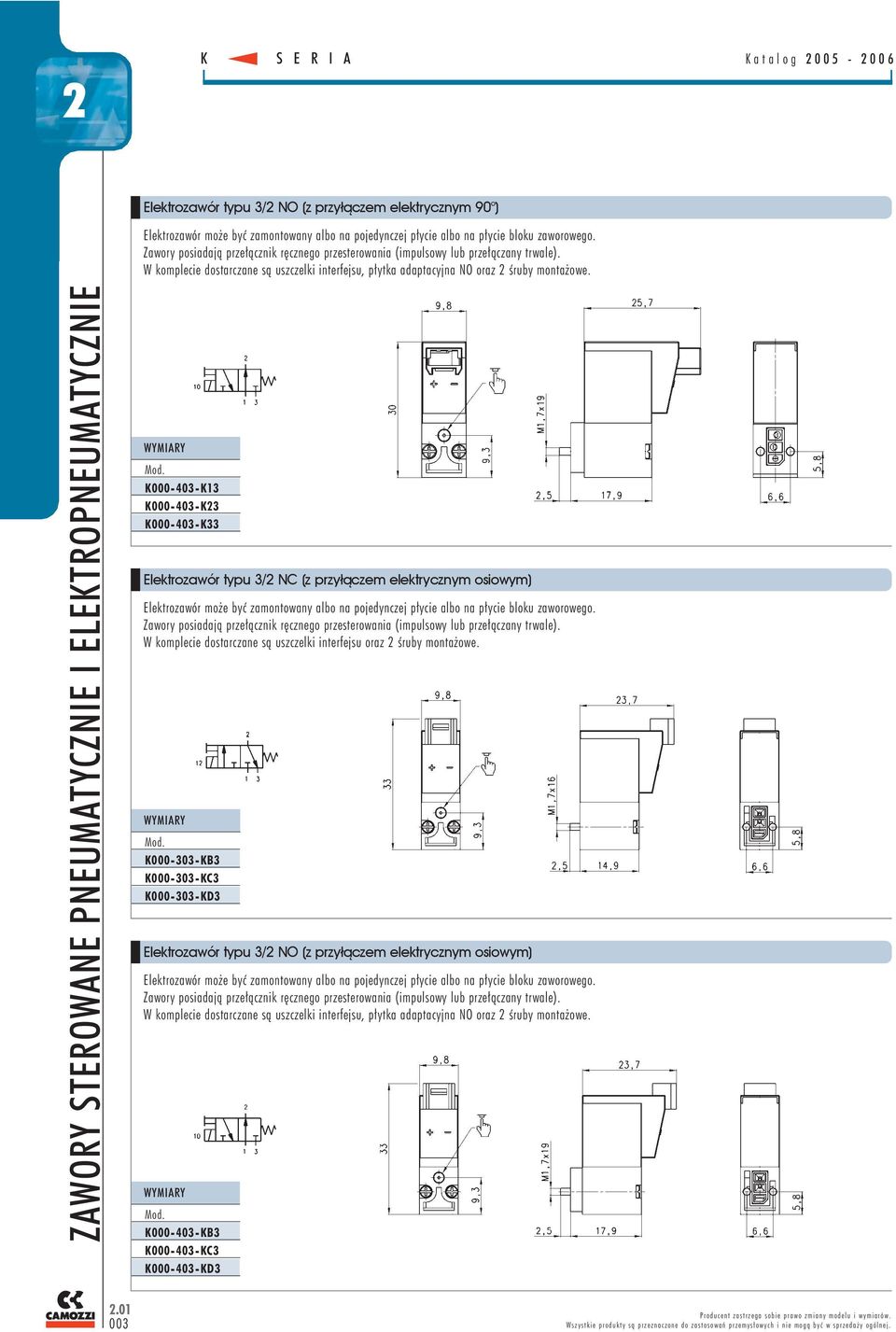K000-403-K13 K000-403-K3 K000-403-K33 Elektrozawór typu 3/ NC (z przy³¹czem elektrycznym osiowym) Elektrozawór może być zamontowany albo na pojedynczej płycie albo na płycie bloku zaworowego.