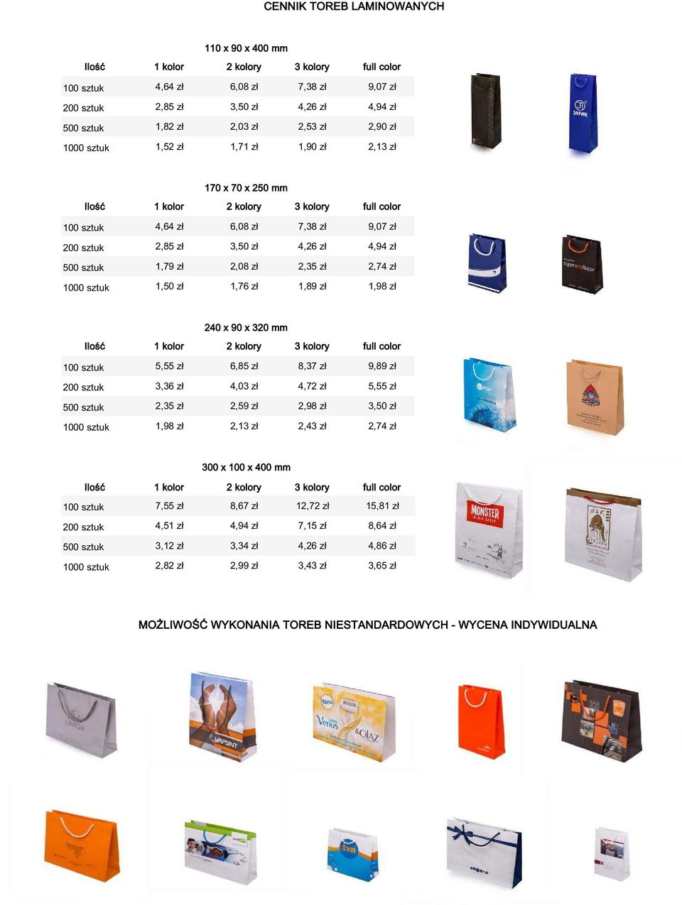 zł 240 x 90 x 320 mm 100 sztuk 5,55 zł 6,85 zł 8,37 zł 9,89 zł 200 sztuk 3,36 zł 4,03 zł 4,72 zł 5,55 zł 500 sztuk 2,35 zł 2,59 zł 2,98 zł 3,50 zł 1000 sztuk 1,98 zł 2,13 zł 2,43 zł 2,74 zł 300 x 100