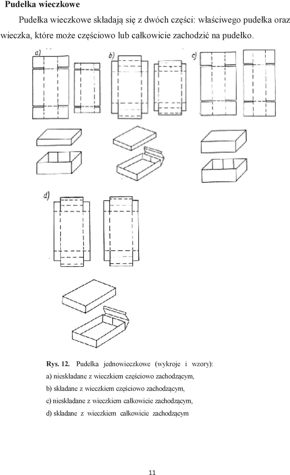 Pudełka jednowieczkowe (wykroje i wzory): a) nieskładane z wieczkiem częściowo zachodzącym, b)