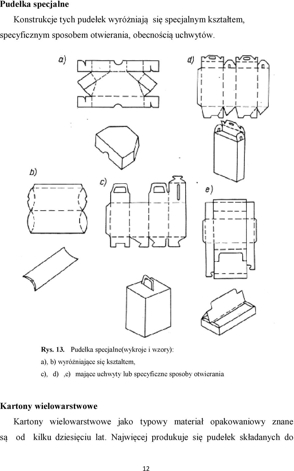 Pudełka specjalne(wykroje i wzory): a), b) wyróżniające się kształtem, c), d),e) mające uchwyty lub