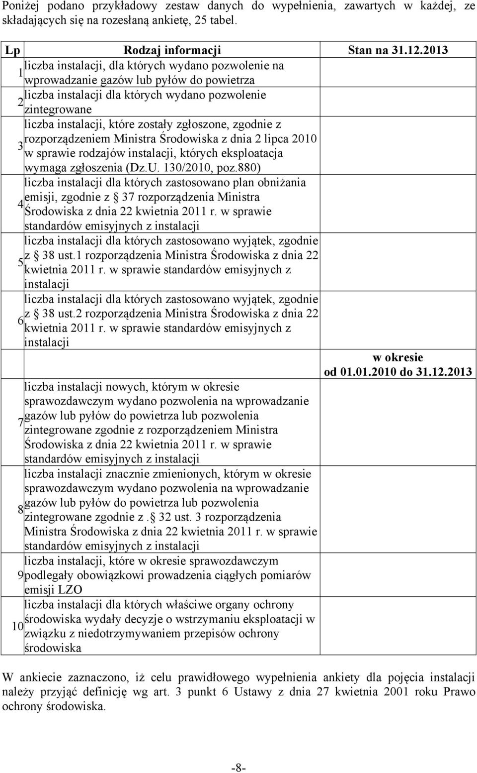 zgłoszone, zgodnie z rozporządzeniem Ministra Środowiska z dnia 2 lipca 2010 3 w sprawie rodzajów instalacji, których eksploatacja wymaga zgłoszenia (Dz.U. 130/2010, poz.