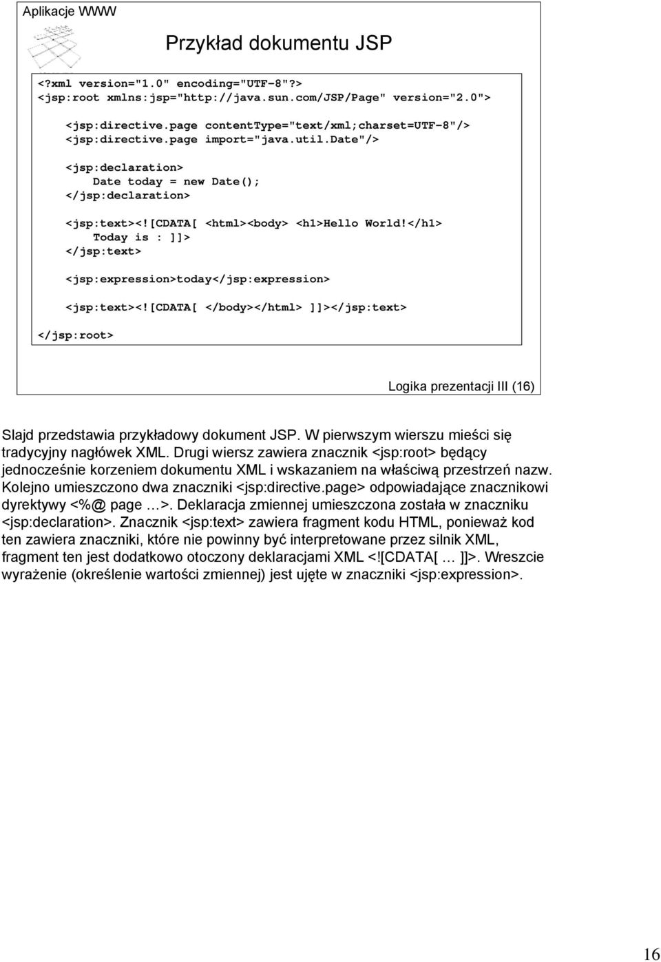 [cdata[ <html><body> <h1>hello World!</h1> Today is : ]]> </jsp:text> <jsp:expression>today</jsp:expression> <jsp:text><!