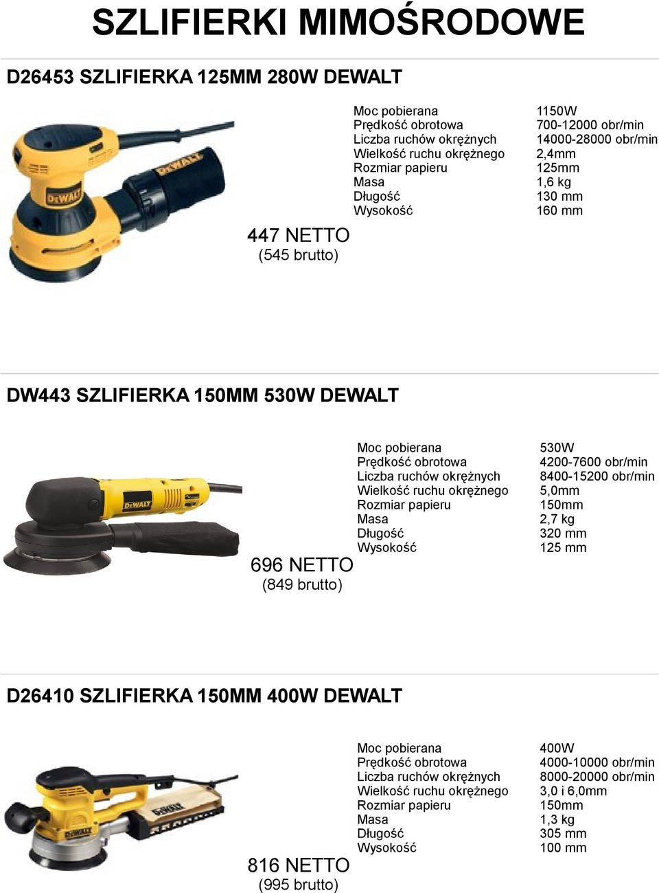 obr/min Liczba ruchów okrężnych 8400-15200 obr/min Wielkość ruchu okrężnego 5,0mm Rozmiar papieru 150mm 2,7 kg 320 mm 125 mm D26410 SZLIFIERKA 150MM 400W DEWALT 816 NETTO