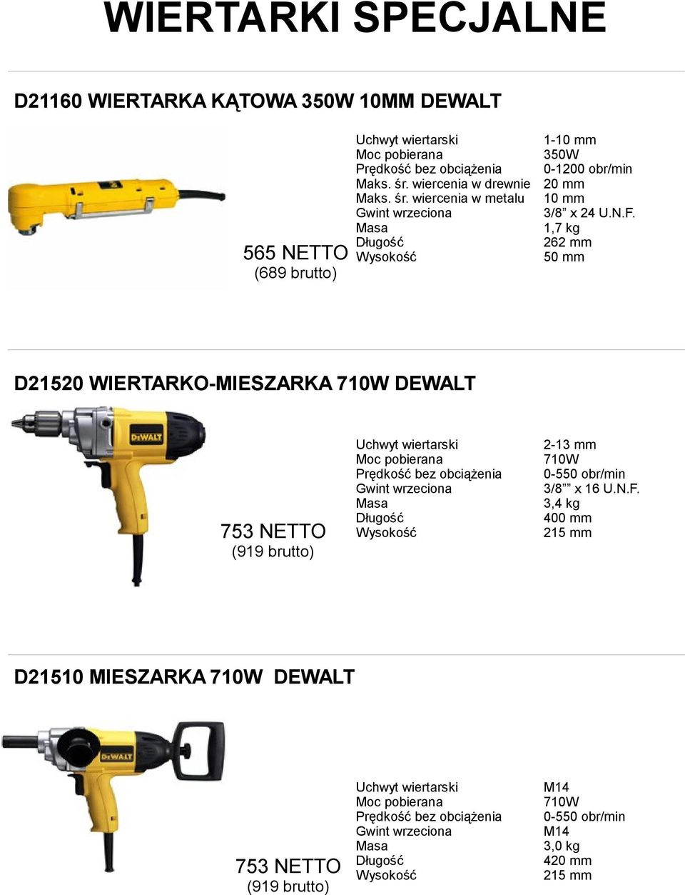 1,7 kg 262 mm 565 NETTO 50 mm (689 brutto) D21520 WIERTARKO-MIESZARKA 710W DEWALT 753 NETTO (919 brutto) Prędkość bez obciążenia Gwint