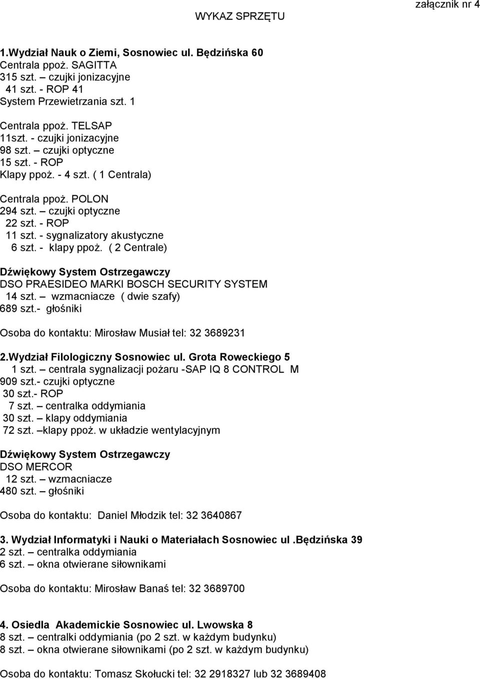 - sygnalizatory akustyczne 6 szt. - klapy ppoż. ( 2 Centrale) 14 szt. wzmacniacze ( dwie szafy) 689 szt.- głośniki Osoba do kontaktu: Mirosław Musiał tel: 32 3689231 2.