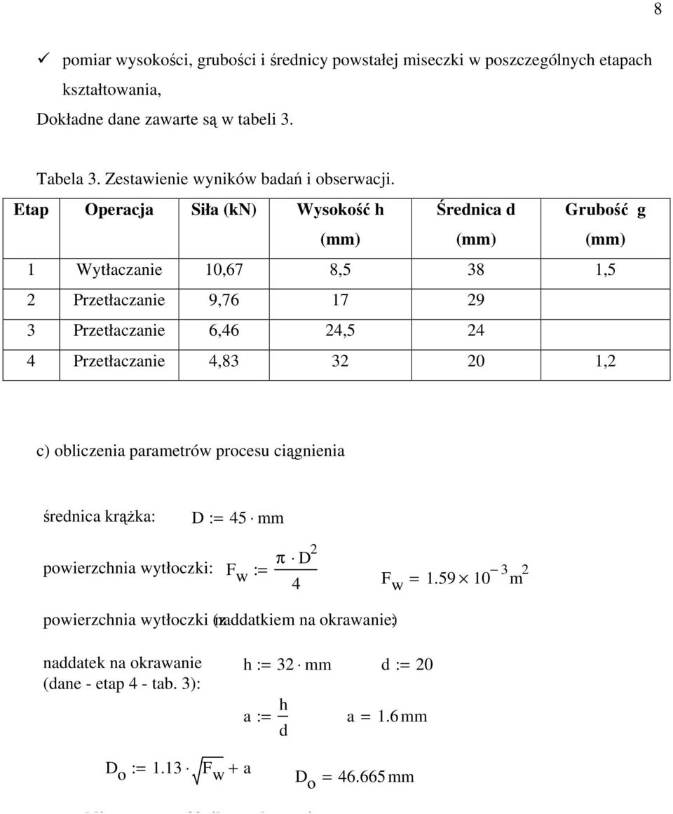 Etap Operacja Siła (kn) Wysokość h Średnica d Grubość g 1 Wytłaczanie 10,67 8,5 38 1,5 2 Przetłaczanie 9,76 17 29 3 Przetłaczanie 6,46 24,5 24 4 Przetłaczanie 4,83 32 20