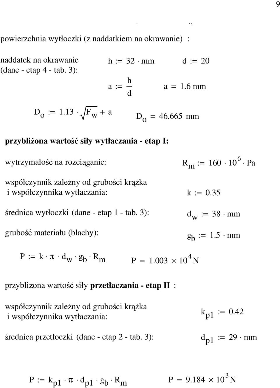 - etap 1 - tab. 3): grubość materiału (blachy): R m : 160 10 6 Pa k : 0.35 d w : 38 mm g b : 1.5 mm P : k π d w g b R m P 1.