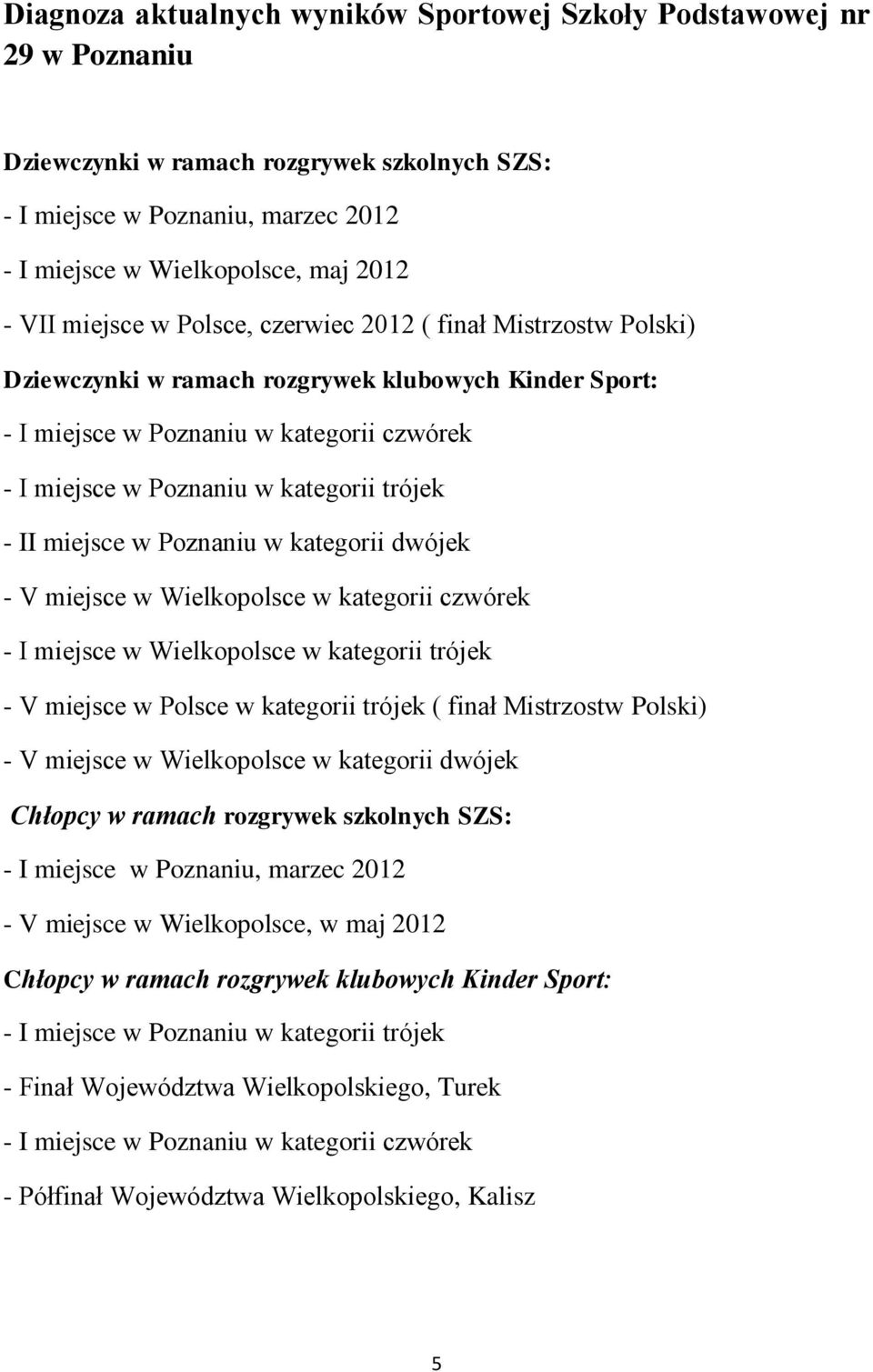 - II miejsce w Poznaniu w kategorii dwójek - V miejsce w Wielkopolsce w kategorii czwórek - I miejsce w Wielkopolsce w kategorii trójek - V miejsce w Polsce w kategorii trójek ( finał Mistrzostw