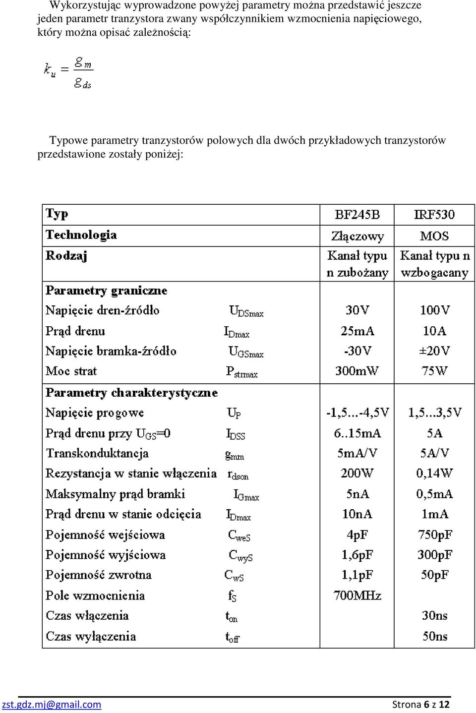 moŝna opisać zaleŝnością: Typowe parametry tranzystorów polowych dla dwóch