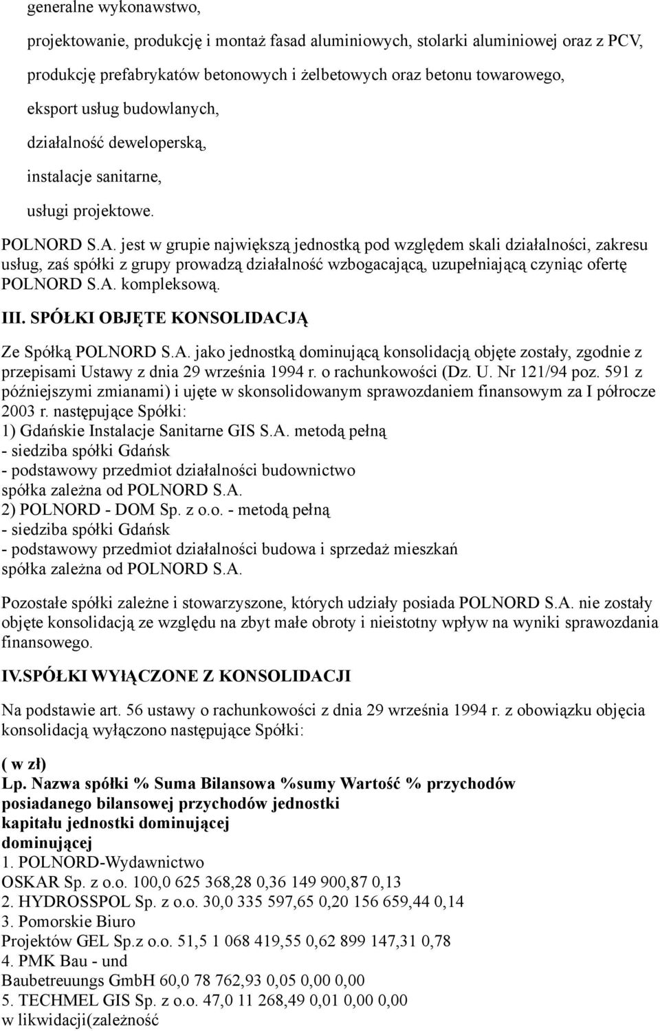 jest w grupie największą jednostką pod względem skali działalności, zakresu usług, zaś spółki z grupy prowadzą działalność wzbogacającą, uzupełniającą czyniąc ofertę POLNORD S.A. kompleksową. III.