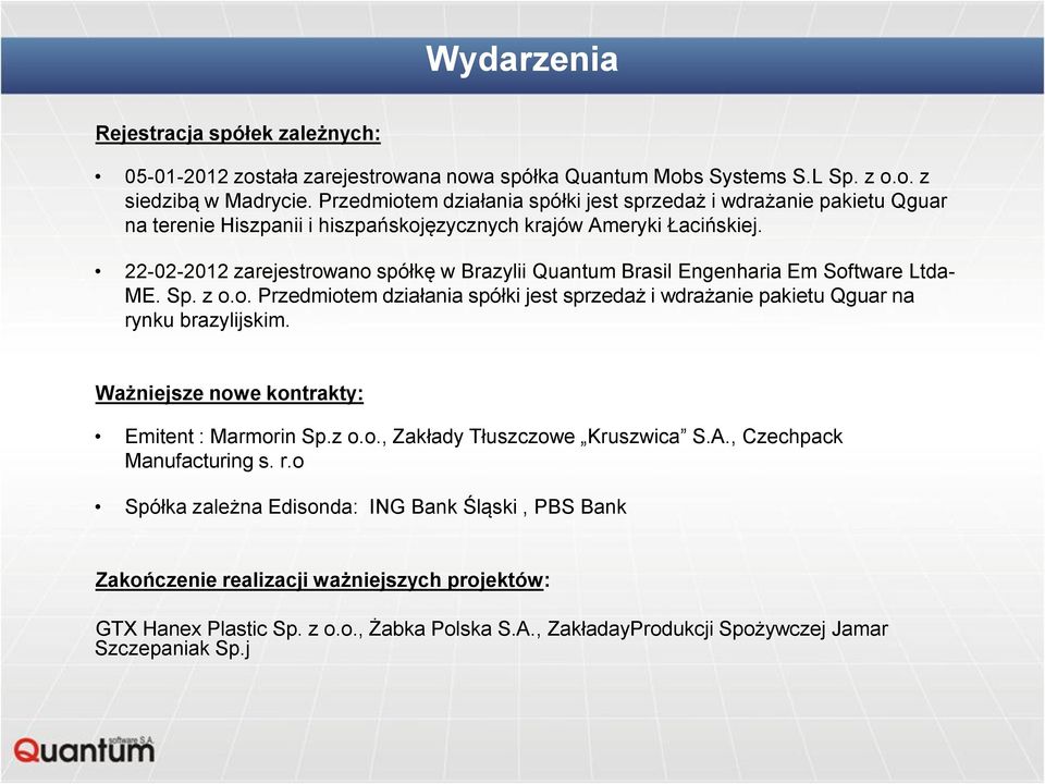 22-02-2012 zarejestrowano spółkę w Brazylii Quantum Brasil Engenharia Em Software Ltda- ME. Sp. z o.o. Przedmiotem działania spółki jest sprzedaż i wdrażanie pakietu Qguar na rynku brazylijskim.