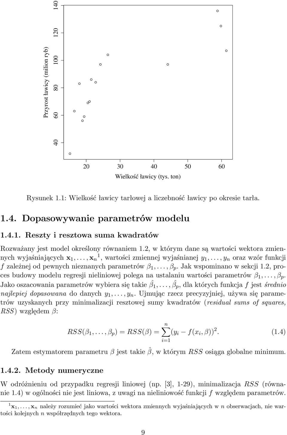 .., y n oraz wzór funkcji f zależnej od pewnych nieznanych parametrów β 1,..., β p. Jak wspominano w sekcji 1.2, proces budowy modelu regresji nieliniowej polega na ustalaniu wartości parametrów β 1,.