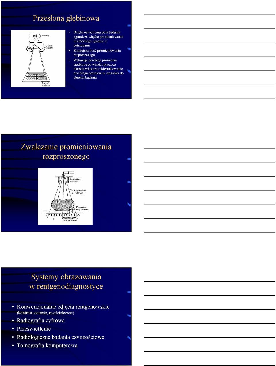 w stosunku do obiektu badania Zwalczanie promieniowania rozproszonego Systemy obrazowania w rentgenodiagnostyce Konwencjonalne zdjęcia