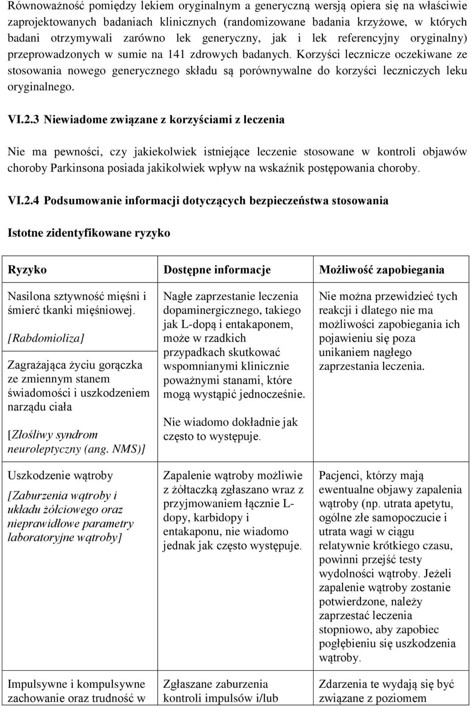 Korzyści lecznicze oczekiwane ze stosowania nowego generycznego składu są porównywalne do korzyści leczniczych leku oryginalnego. VI.2.