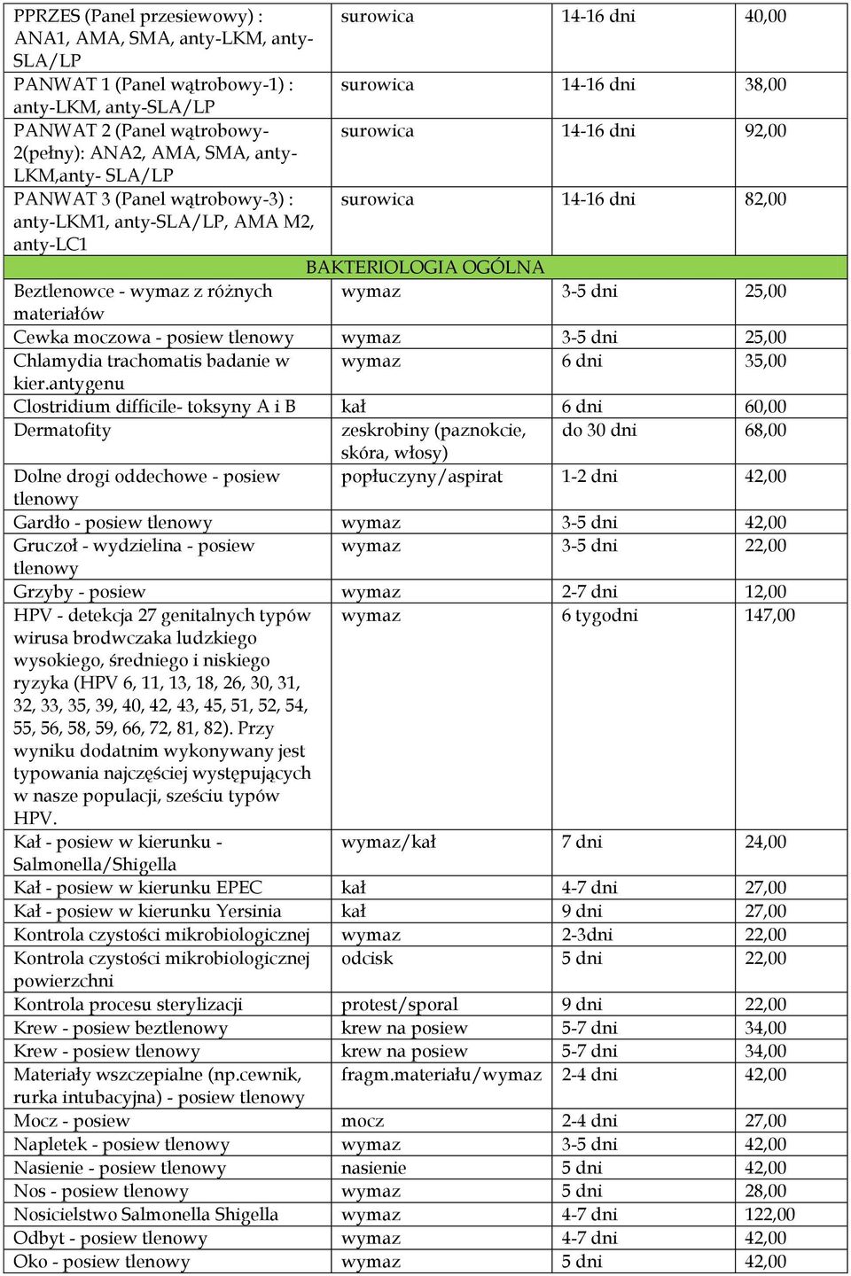 Beztlenowce - wymaz z różnych wymaz 3-5 dni 25,00 materiałów Cewka moczowa - posiew tlenowy wymaz 3-5 dni 25,00 Chlamydia trachomatis badanie w wymaz 6 dni 35,00 kier.