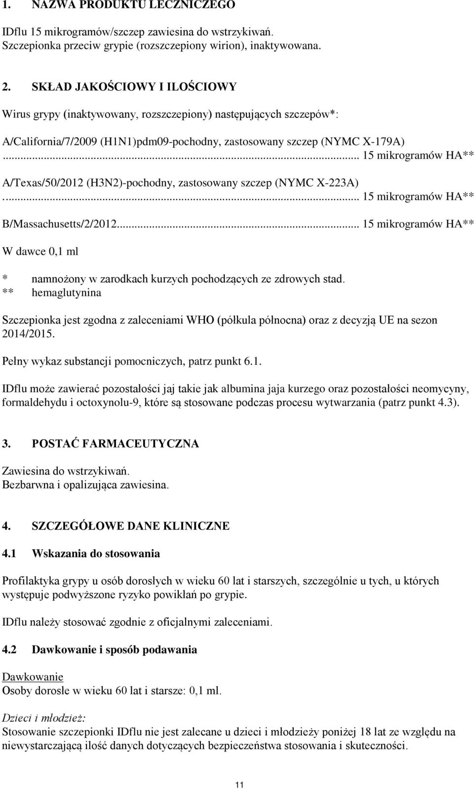 .. 15 mikrogramów HA** A/Texas/50/2012 (H3N2)-pochodny, zastosowany szczep (NYMC X-223A).... 15 mikrogramów HA** B/Massachusetts/2/2012.