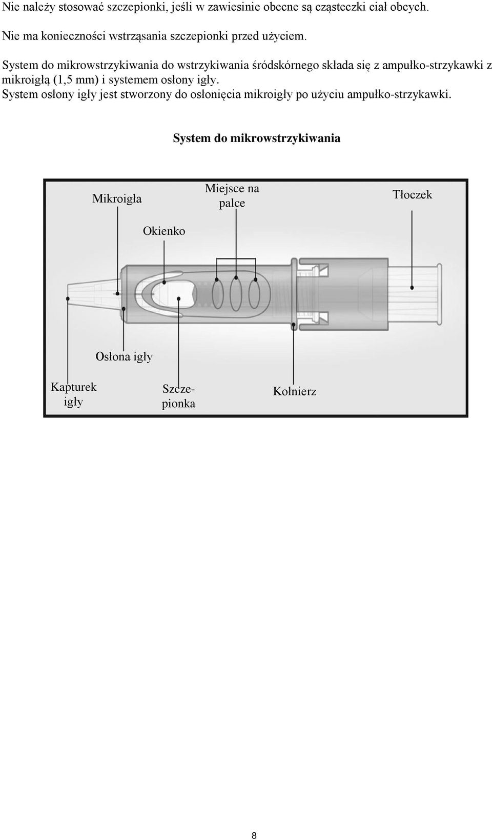 System do mikrowstrzykiwania do wstrzykiwania śródskórnego składa się z ampułko-strzykawki z mikroigłą (1,5 mm) i systemem