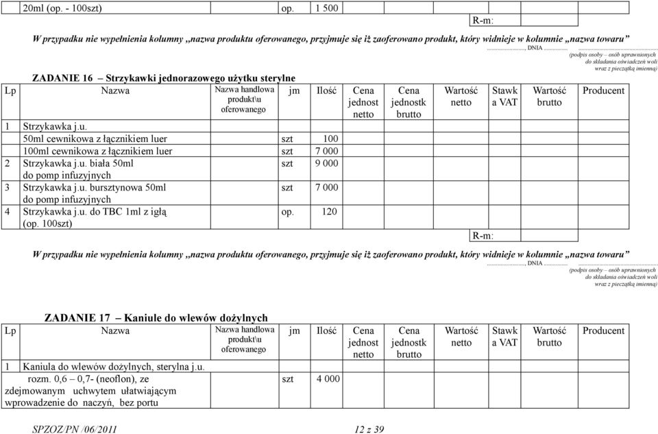 u. bursztynowa 50ml do pomp infuzyjnych 4 Strzykawka j.u. do TBC 1ml z igłą (op. 100szt) szt 9 000 szt 7 000 op.