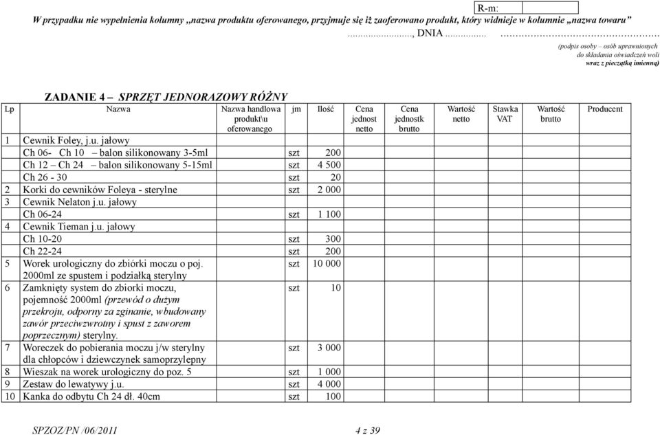 jałowy Ch 06-24 szt 1 100 4 Cewnik Tieman j.u. jałowy Ch 10-20 szt 300 Ch 22-24 szt 200 5 Worek urologiczny do zbiórki moczu o poj.