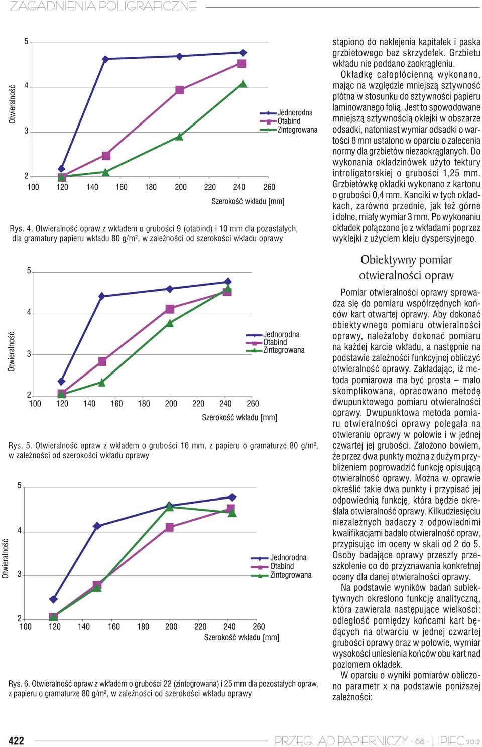 Otwieralność opraw z wkładem o grubości 22 (zintegrowana) i 25 mm dla pozostałych opraw, z papieru o gramaturze 80 g/m 2, w zależności od szerokości wkładu oprawy stąpiono do naklejenia kapitałek i