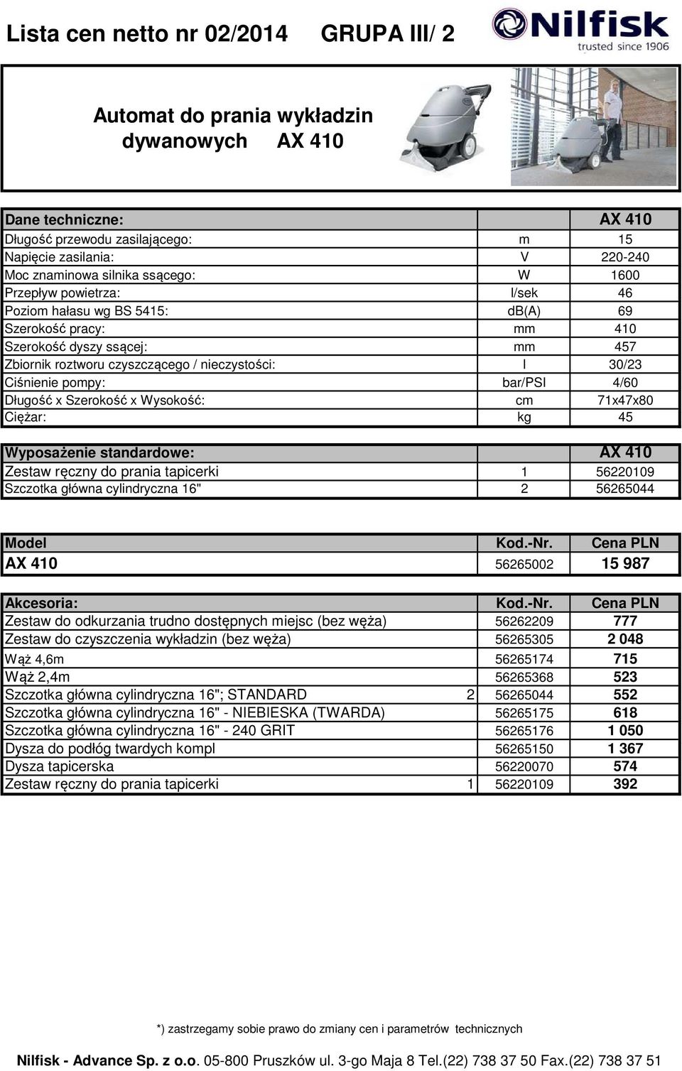 pompy: bar/psi 4/60 Długość x Szerokość x Wysokość: cm 71x47x80 Ciężar: kg 45 Wyposażenie standardowe: AX 410 Zestaw ręczny do prania tapicerki 1 56220109 Szczotka główna cylindryczna 16" 2 56265044