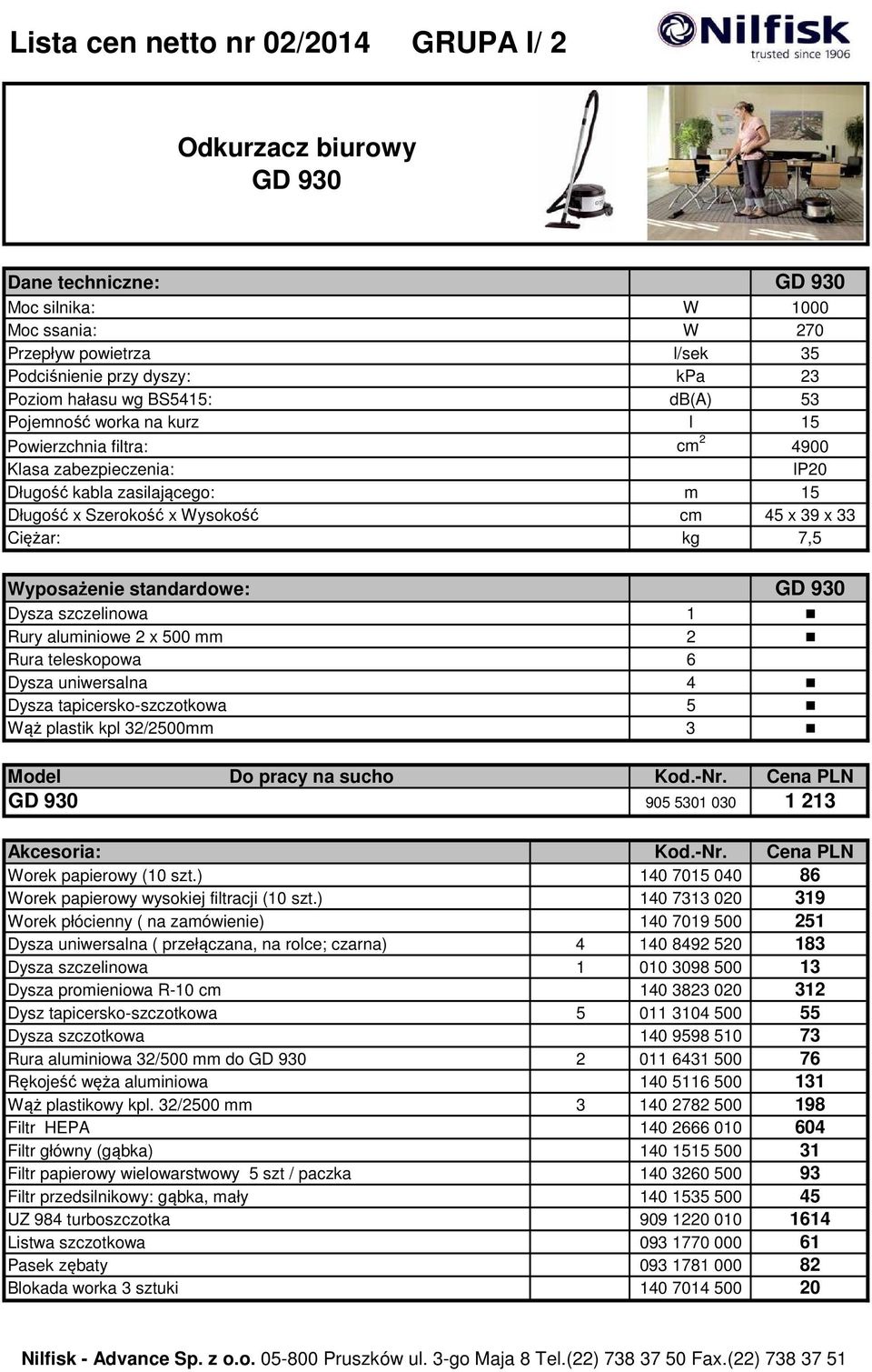 7,5 Wyposażenie standardowe: GD 930 Dysza szczelinowa 1 Rury aluminiowe 2 x 500 mm 2 Rura teleskopowa 6 Dysza uniwersalna 4 Dysza tapicersko-szczotkowa 5 Wąż plastik kpl 32/2500mm 3 Model Do pracy na
