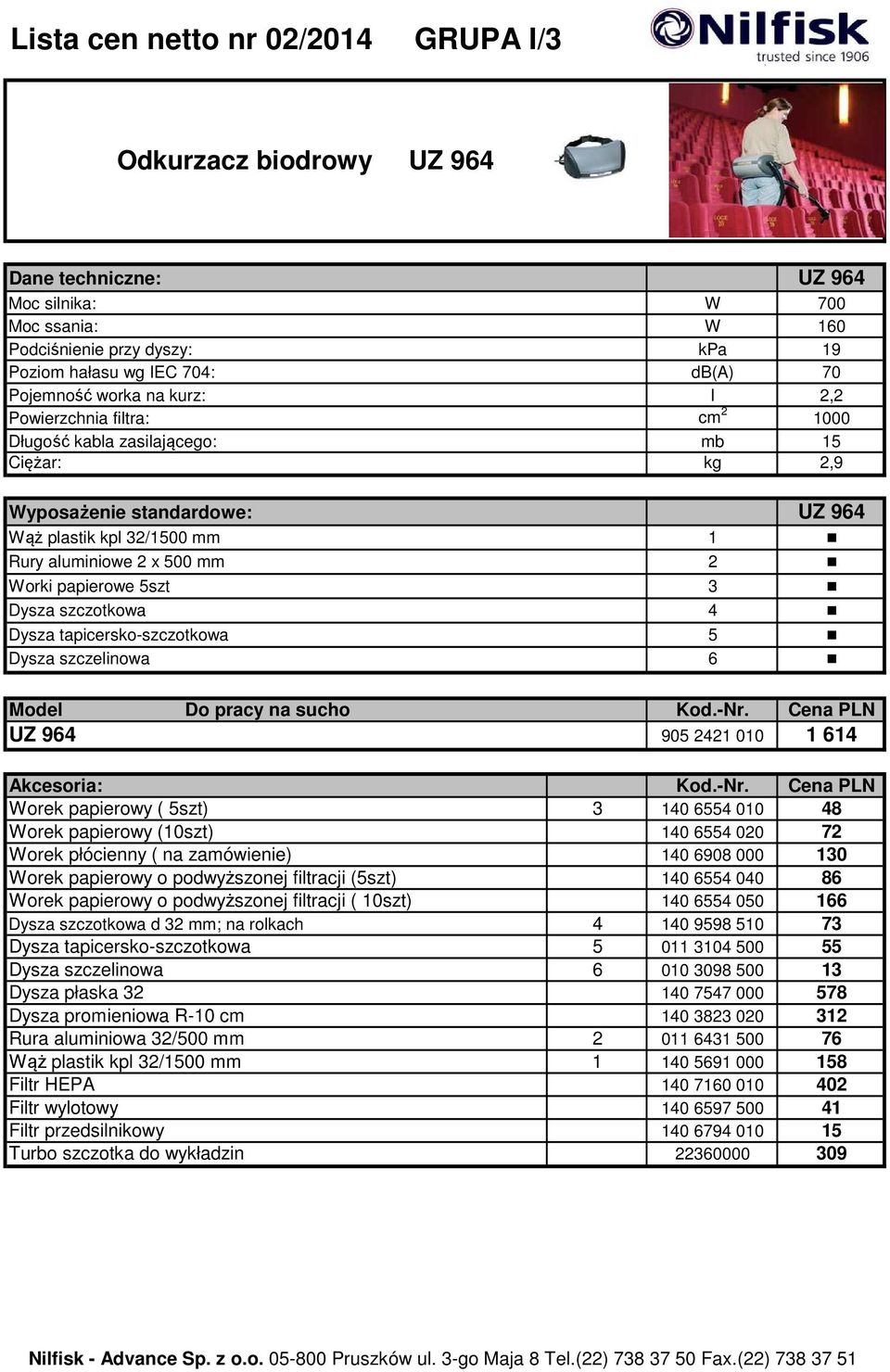 2 Worki papierowe 5szt 3 Dysza szczotkowa 4 Dysza tapicersko-szczotkowa 5 Dysza szczelinowa 6 Model Do pracy na sucho Kod.-Nr.