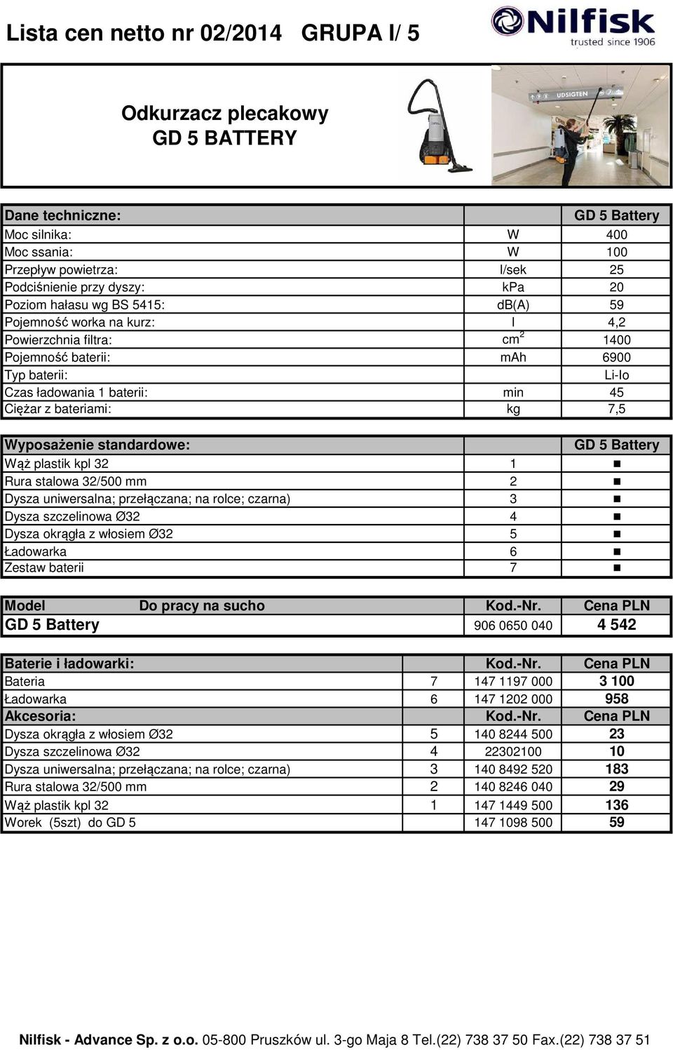 7,5 Wyposażenie standardowe: GD 5 Battery Wąż plastik kpl 32 1 Rura stalowa 32/500 mm 2 Dysza uniwersalna; przełączana; na rolce; czarna) 3 Dysza szczelinowa Ø32 4 Dysza okrągła z włosiem Ø32 5
