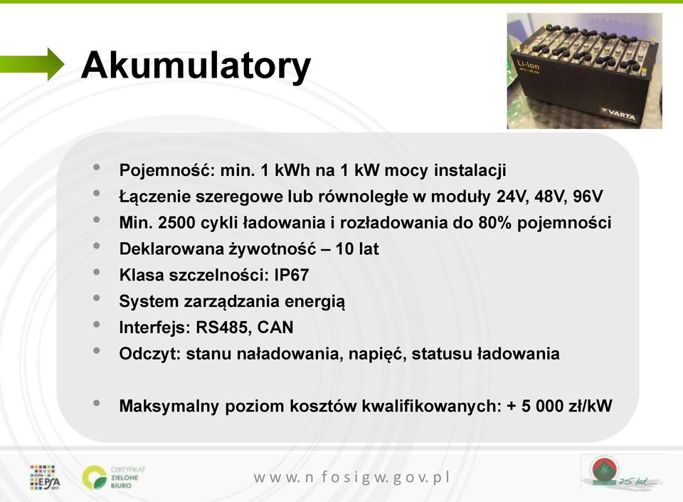 2500 cykli ładowania i rozładowania do 80% pojemności Deklarowana żywotność 10 lat Klasa