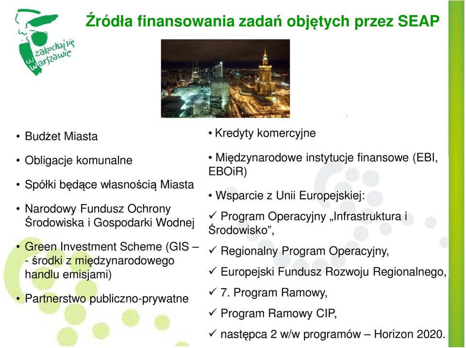 Kredyty komercyjne Międzynarodowe instytucje finansowe (EBI, EBOiR) Wsparcie z Unii Europejskiej: Program Operacyjny Infrastruktura i