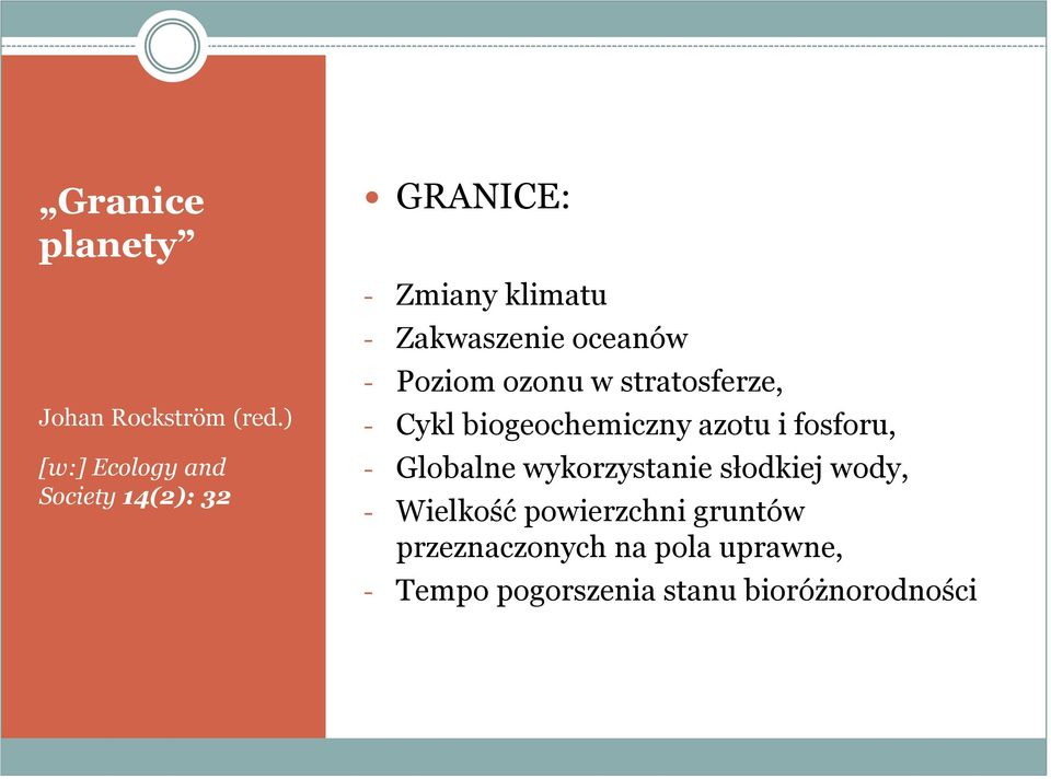 - Poziom ozonu w stratosferze, - Cykl biogeochemiczny azotu i fosforu, - Globalne