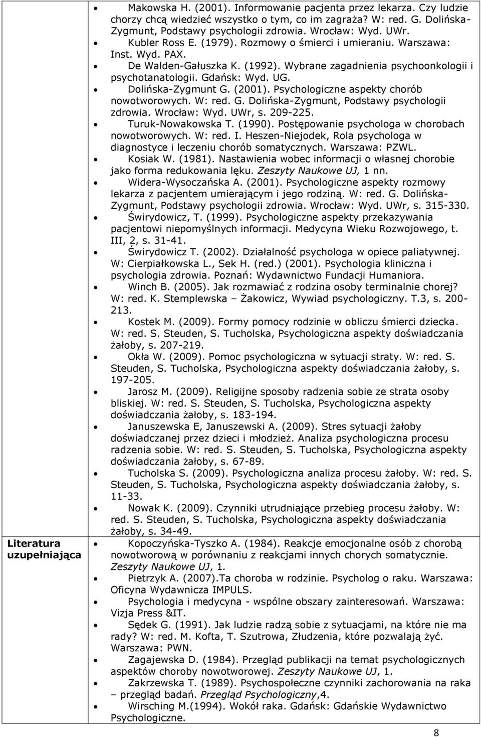 Wybrane zagadnienia psychoonkologii i psychotanatologii. Gdańsk: Wyd. UG. Dolińska-Zygmunt G. (2001). Psychologiczne aspekty chorób nowotworowych. W: red. G. Dolińska-Zygmunt, Podstawy psychologii zdrowia.