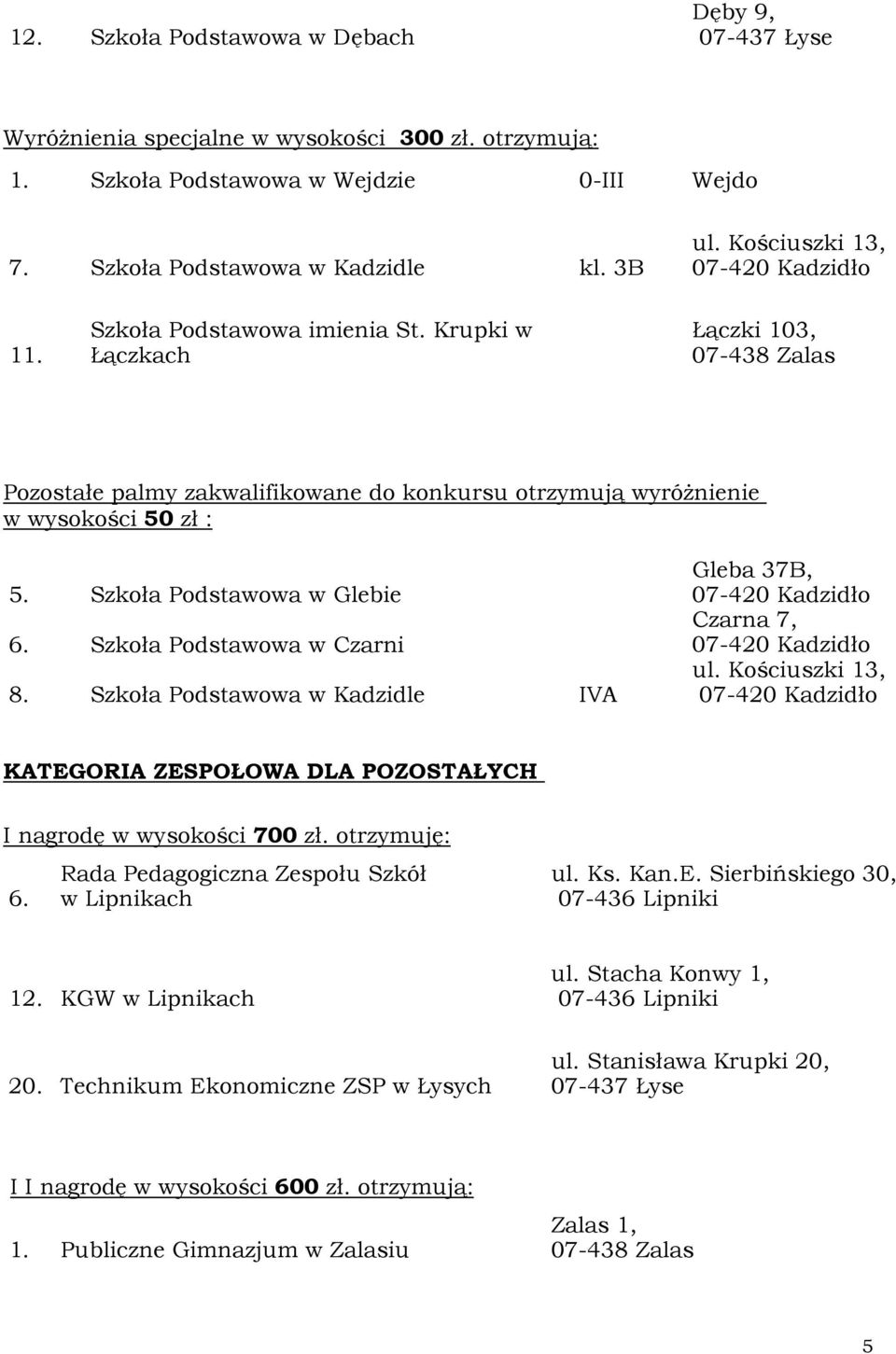 Szkoła Podstawowa w Czarni 8. Szkoła Podstawowa w Kadzidle IVA Gleba 37B, Czarna 7, ul. Kościuszki 13, KATEGORIA ZESPOŁOWA DLA POZOSTAŁYCH I nagrodę w wysokości 700 zł. otrzymuję: 6.