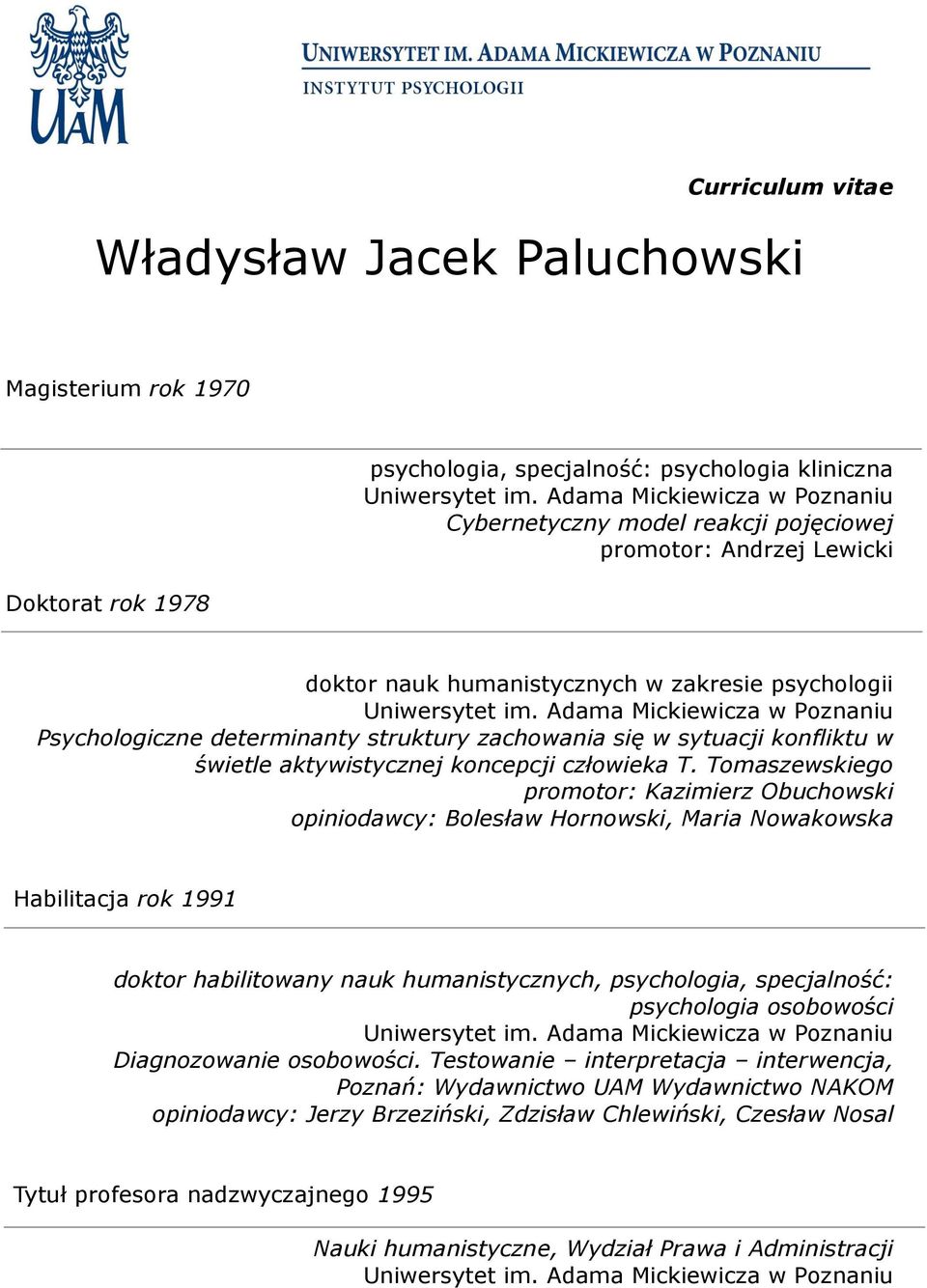 Tomaszewskiego promotor: Kazimierz Obuchowski opiniodawcy: Bolesław Hornowski, Maria Nowakowska Habilitacja rok 1991 doktor habilitowany nauk humanistycznych, psychologia, specjalność: psychologia