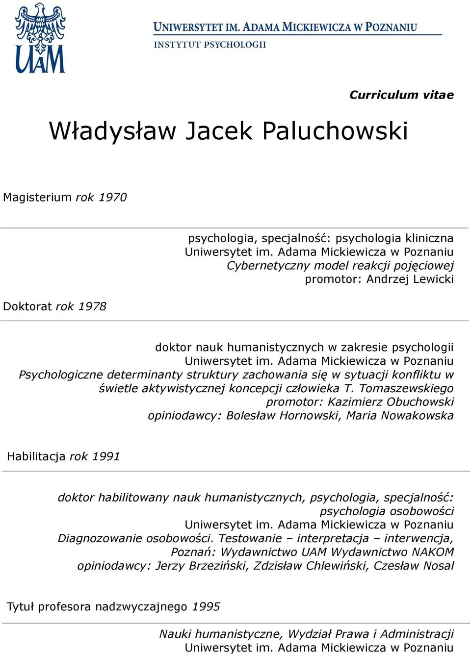 Tomaszewskiego promotor: Kazimierz Obuchowski opiniodawcy: Bolesław Hornowski, Maria Nowakowska Habilitacja rok 1991 doktor habilitowany nauk humanistycznych, psychologia, specjalność: psychologia