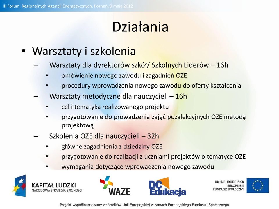 projektu przygotowanie do prowadzenia zajęć pozalekcyjnych OZE metodą projektową Szkolenia OZE dla nauczycieli 32h główne