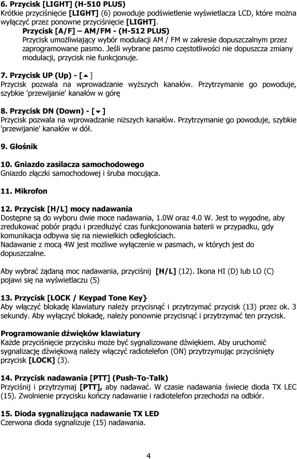 Jeśli wybrane pasmo częstotliwości nie dopuszcza zmiany modulacji, przycisk nie funkcjonuje. 7. Przycisk UP (Up) - [] Przycisk pozwala na wprowadzanie wyższych kanałów.