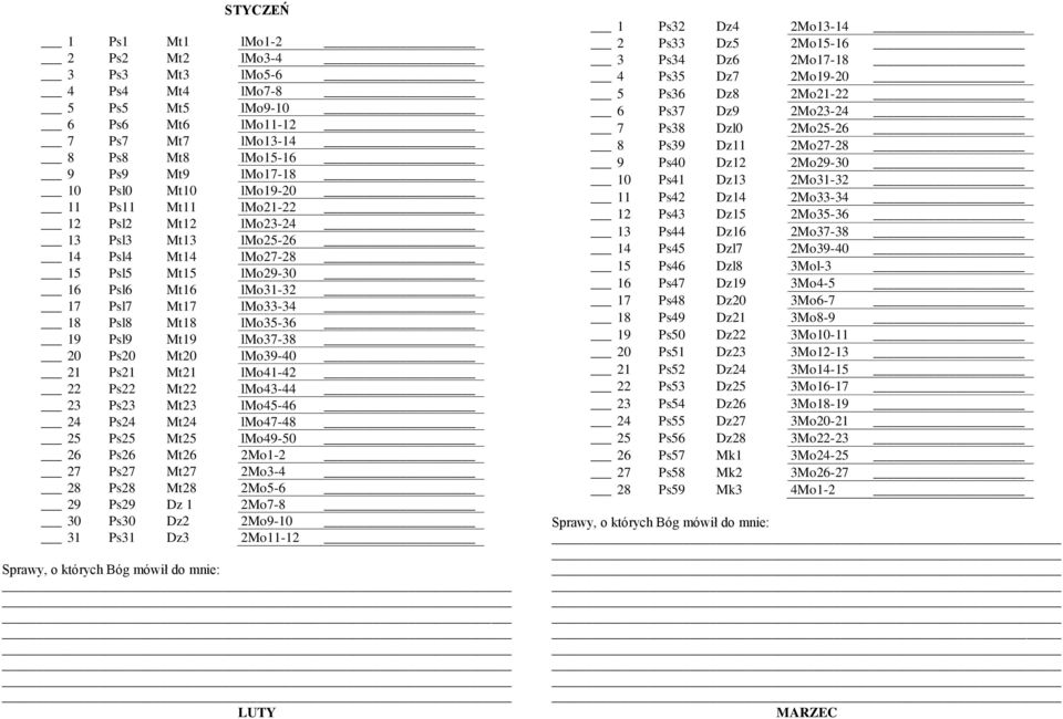 Mt20 lmo39-40 21 Ps21 Mt21 lmo41-42 22 Ps22 Mt22 lmo43-44 23 Ps23 Mt23 lmo45-46 24 Ps24 Mt24 lmo47-48 25 Ps25 Mt25 lmo49-50 26 Ps26 Mt26 2Mo1-2 27 Ps27 Mt27 2Mo3-4 28 Ps28 Mt28 2Mo5-6 29 Ps29 Dz 1