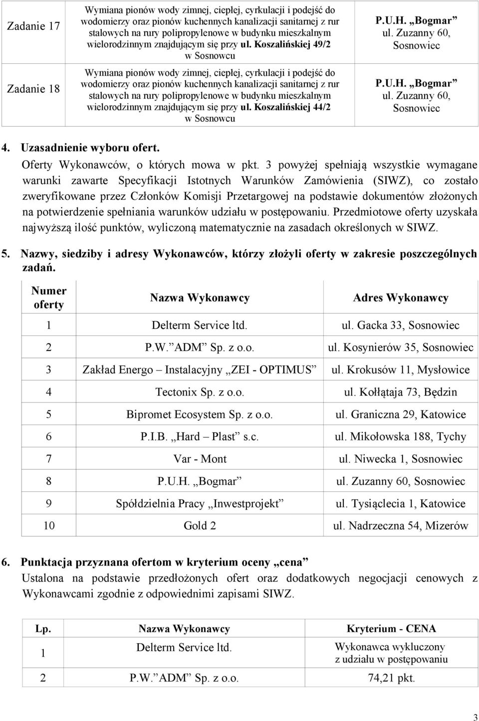 powyżej spełniają wszystkie wymagane warunki zawarte Specyfikacji Istotnych Warunków Zamówienia (SIWZ), co zostało zweryfikowane przez Członków Komisji Przetargowej na podstawie dokumentów złożonych