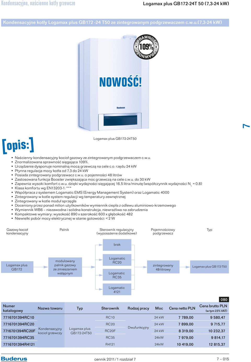 Urządzenie dysponuje nominalną mocą grzewczą na cele c.o. rzędu 24 kw Płynna regulacja mocy kotła od,3 do 24 kw Posiada zintegrowany podgrzewacz c.w.u. o pojemności 48 litrów Zastosowana funkcja Booster zwiększająca moc grzewczą na cele c.